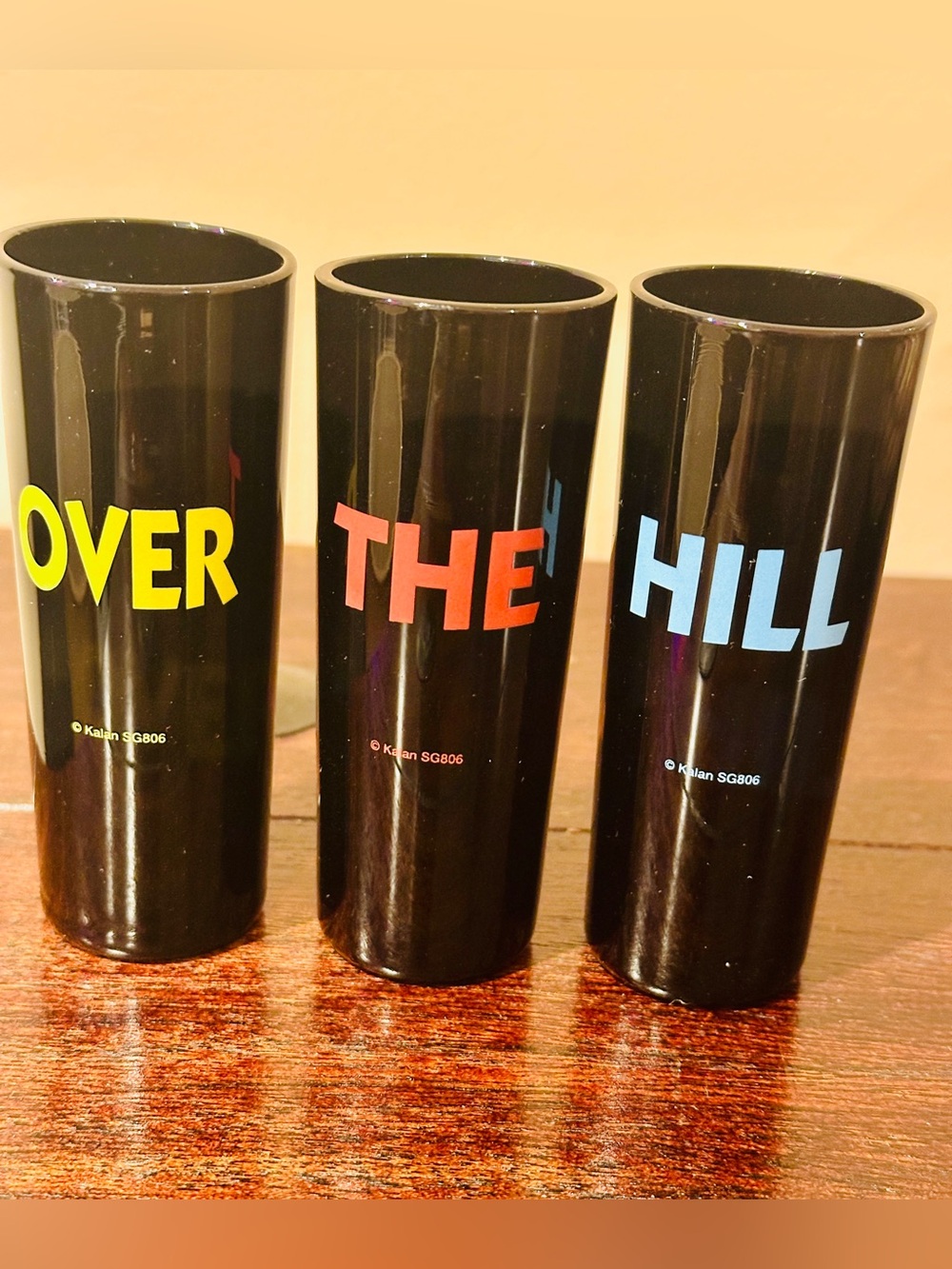 Vintage Kalan “Over The Hill” Shot Glasses Set 3 Black 4” Tall Shooter  1990s